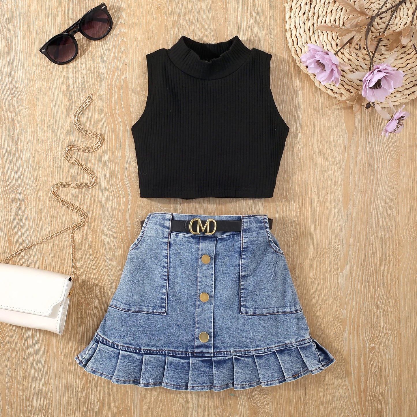 Vest Top & Denim Skirt Set
