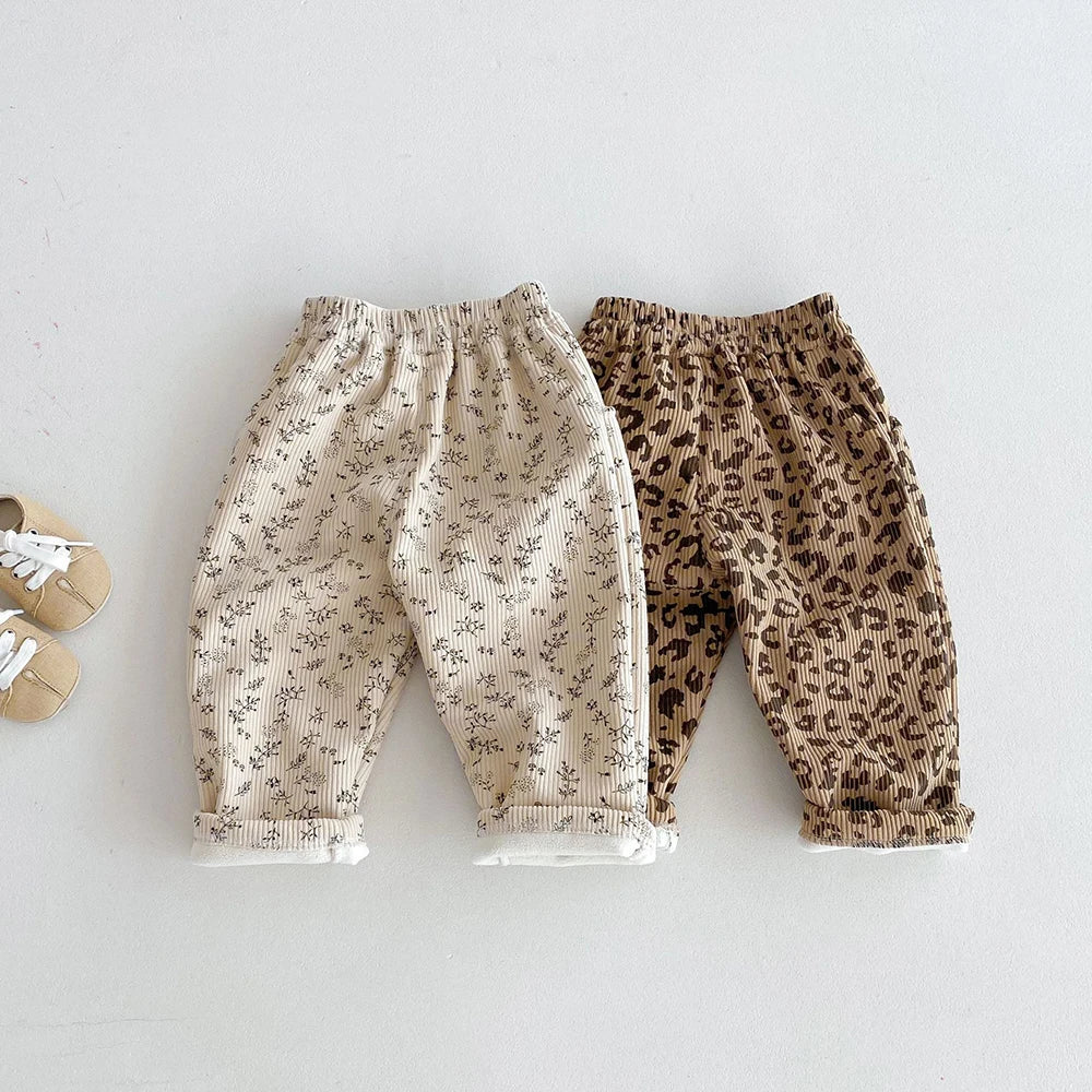 Warm Fleece-Lined Kids Pants - Floral & Leopard Print