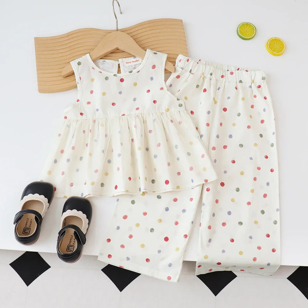 Sleeveless Polka Dot Top & Wide-Leg Pants Set