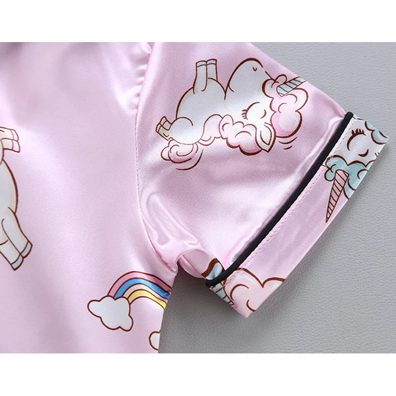 Pink Satin Unicorn Girls Pyjamas Set