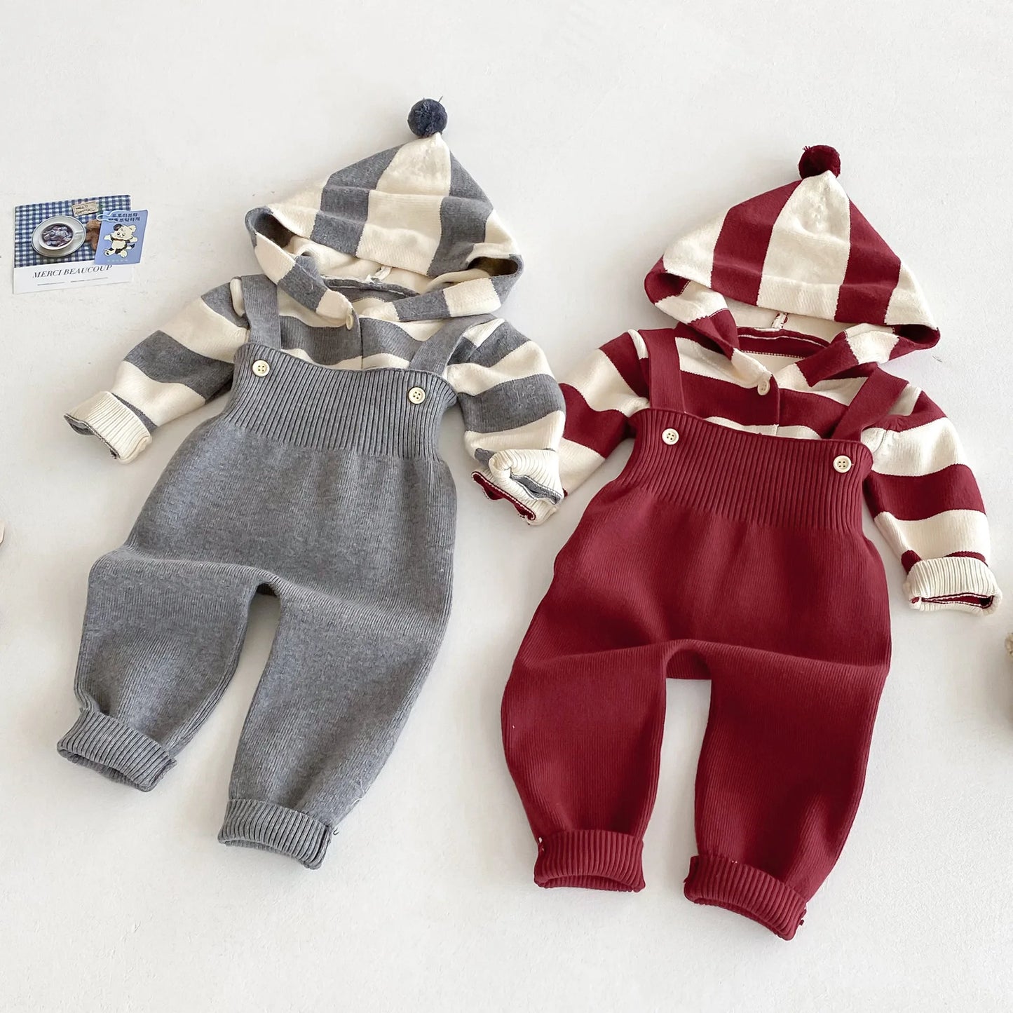 Hooded Knit Cardigan And Solid Overalls Set