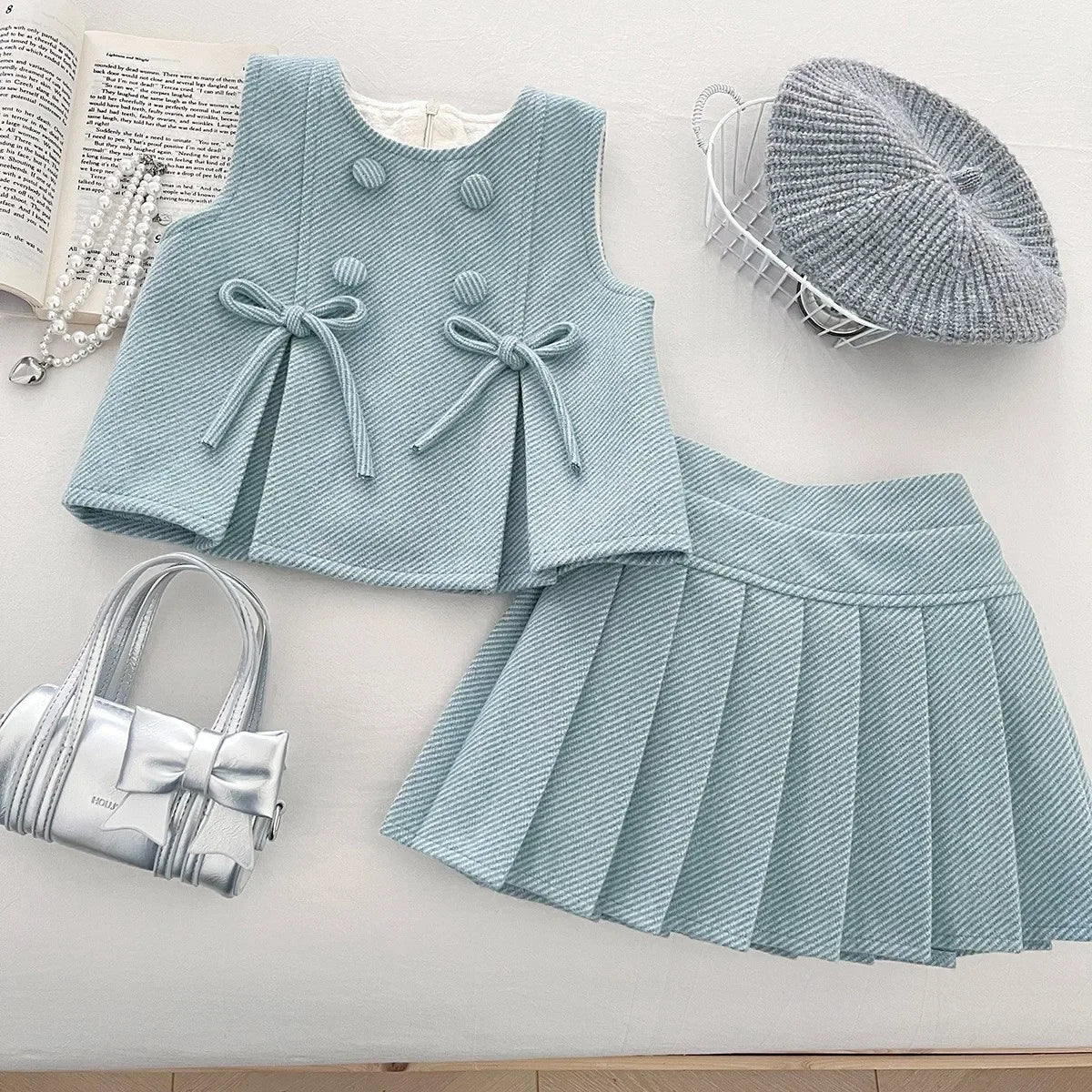 Pink and Blue Bow Vest & Pleated Skirt Two Piece Set