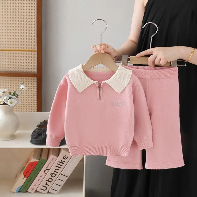 Knitted Polo Shirt And Straight Pants Set