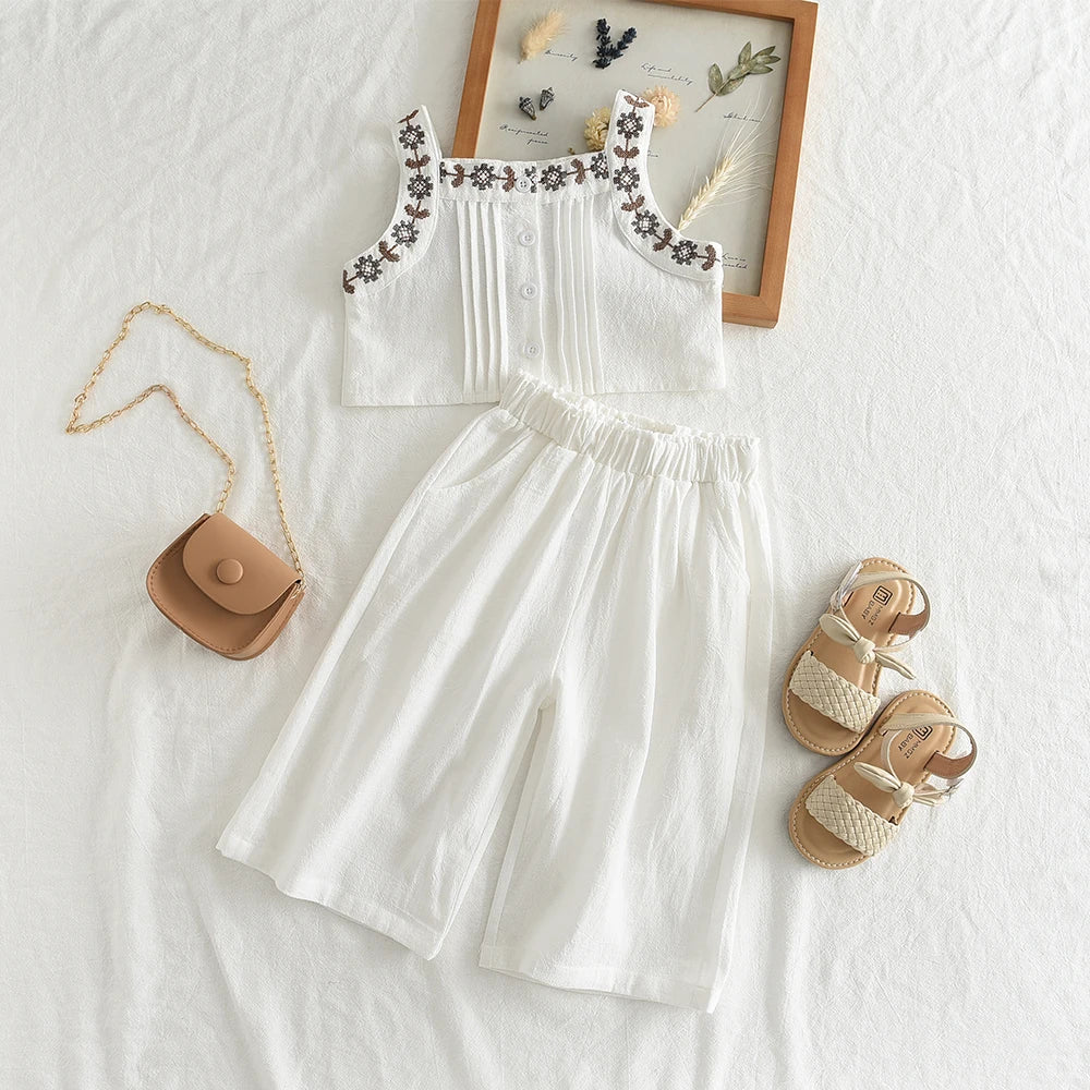 Cotton Embroidered Vest Top & Wide-Leg Pants Set