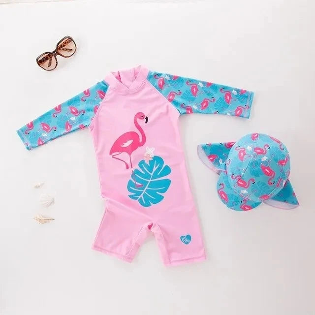 Flamingo Ultimate Girls' Swimwear Set – With Matching Cap!