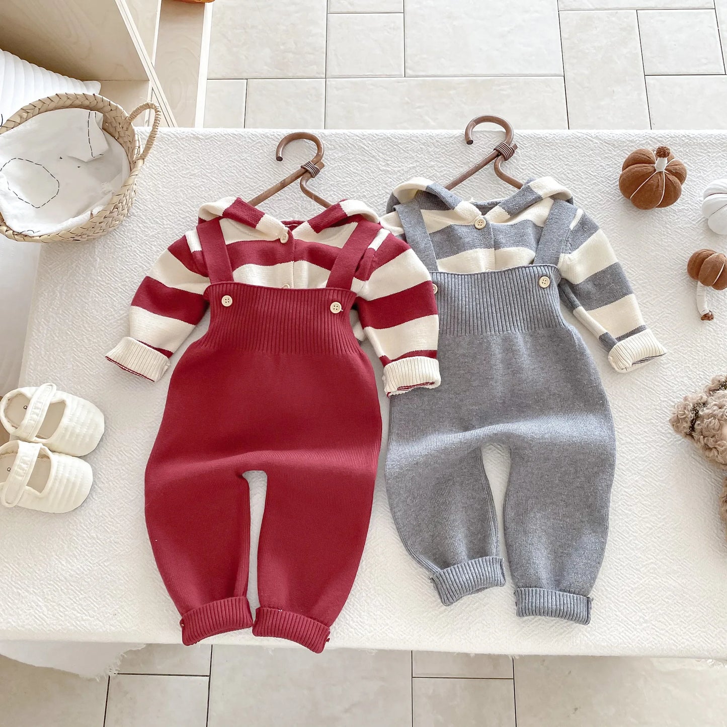 Hooded Knit Cardigan And Solid Overalls Set