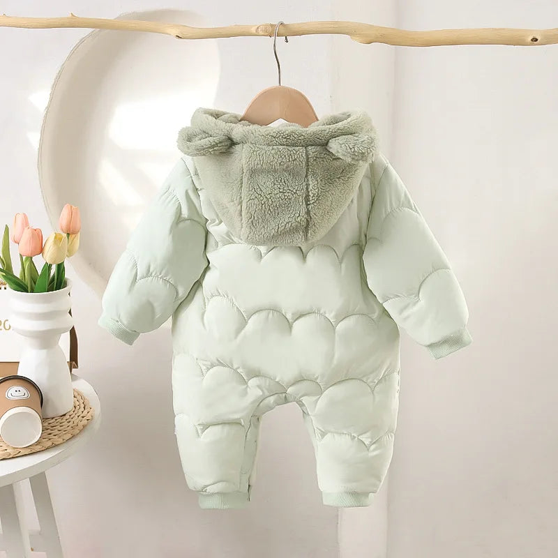 Winter Baby Thickened Jumpsuit Fur Lining Hooded Warm Fleece Quilted Outwear