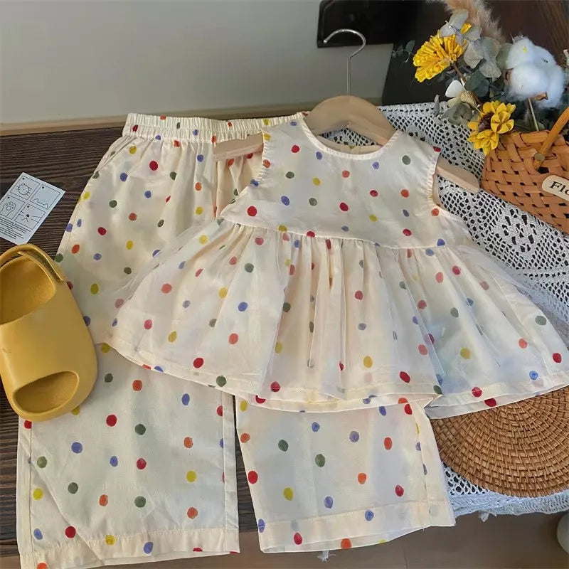 Sleeveless Polka Dot Top & Wide-Leg Pants Set