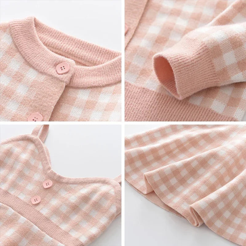 Sweater Cardigan & Pleated V-Neck Camisole Dress Set