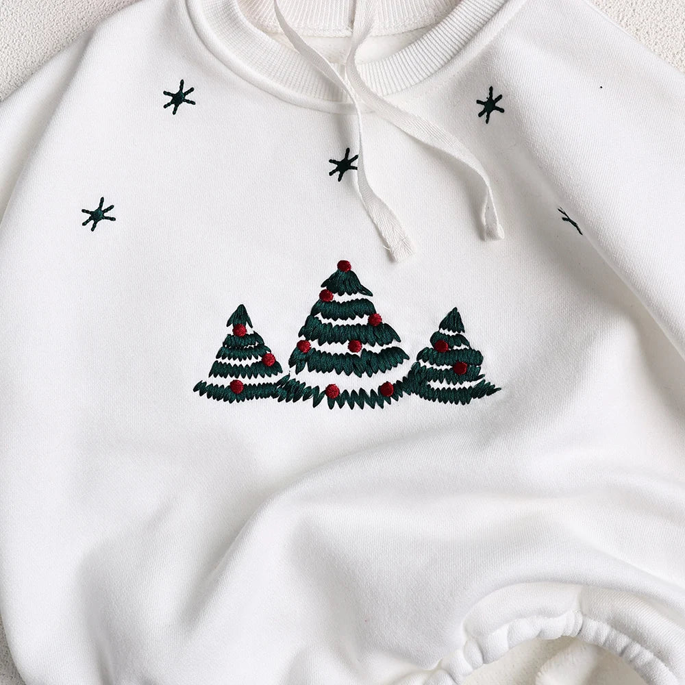Christmas Fur Lining Bodysuit Christmas Tree Embroidery With Hat