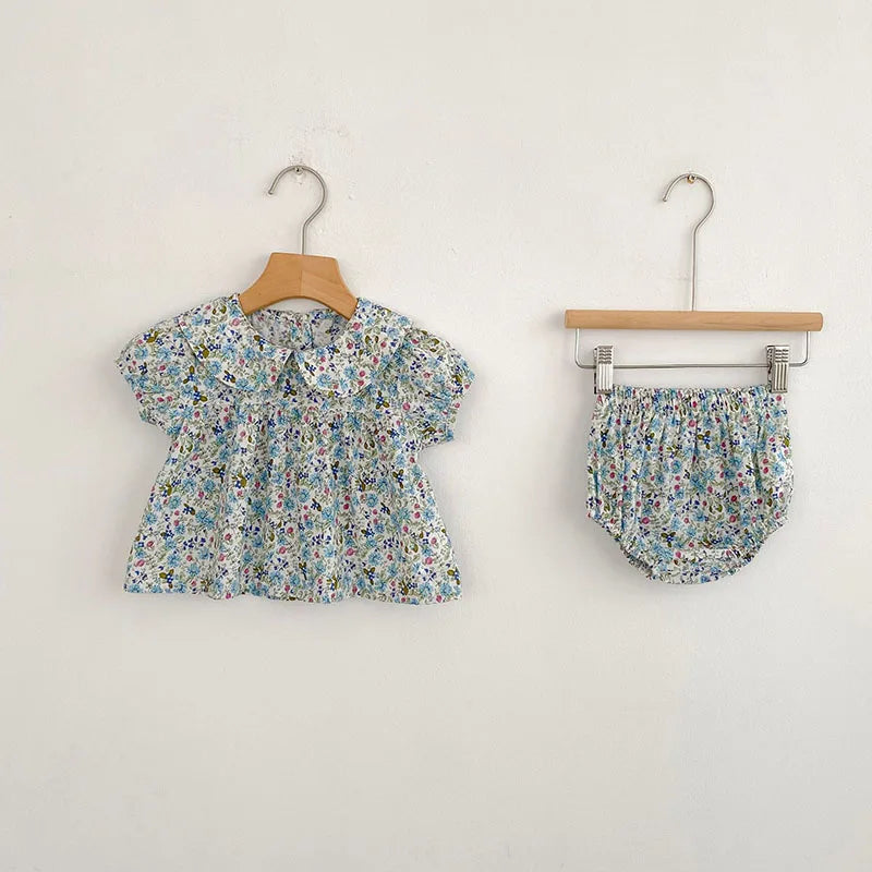 Cute Floral Collar Shirt + Bloomer 2PCS Set