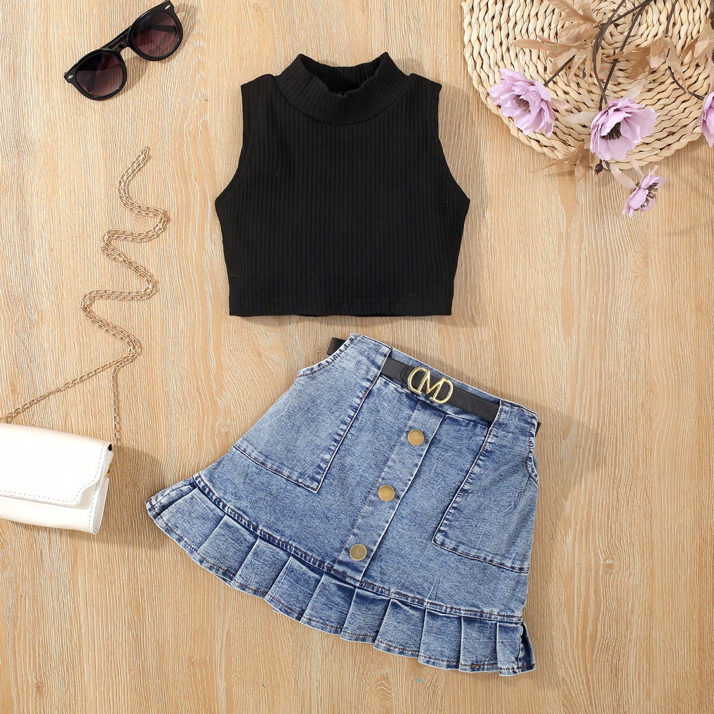 Vest Top & Denim Skirt Set