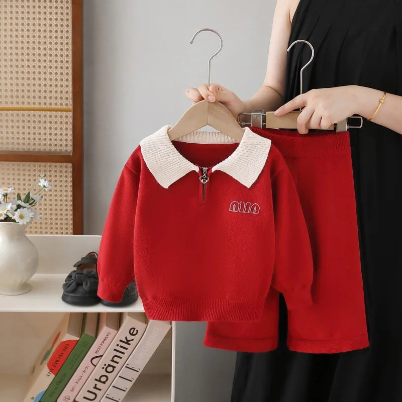 Knitted Polo Shirt And Straight Pants Set
