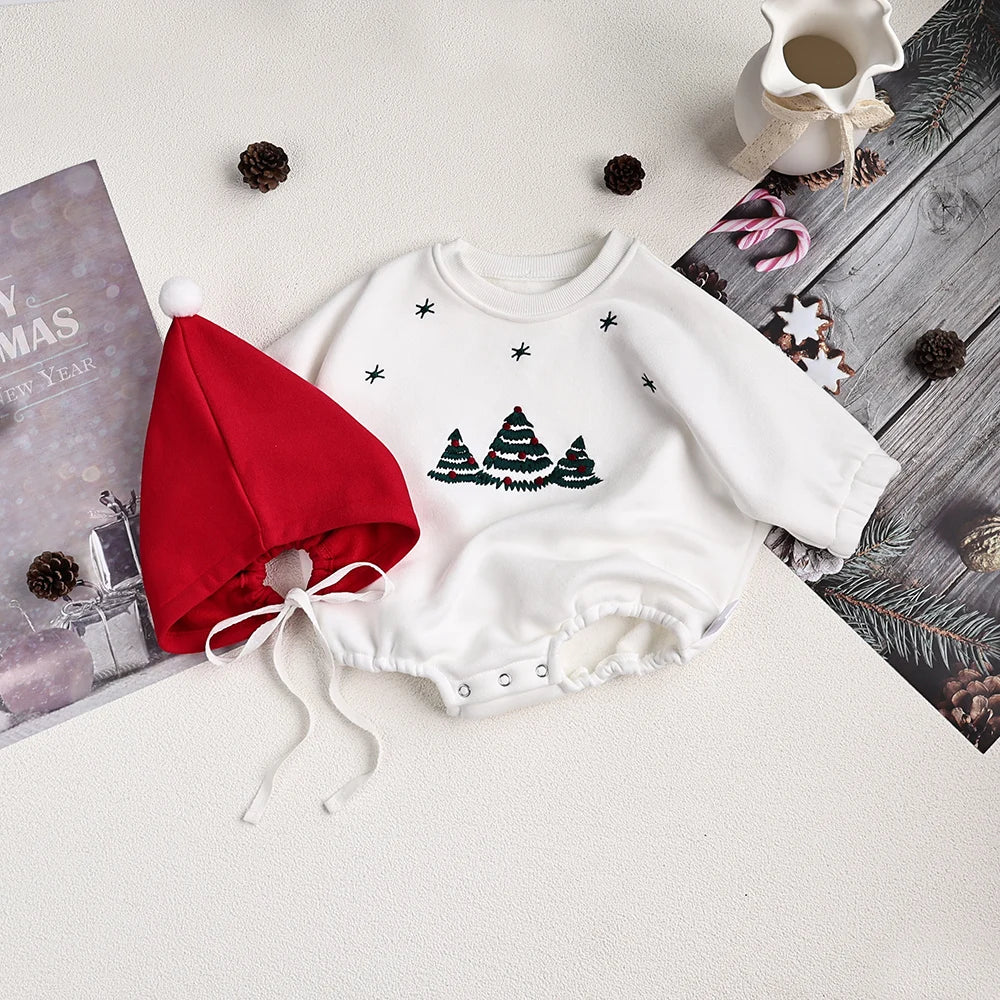 Christmas Fur Lining Bodysuit Christmas Tree Embroidery With Hat