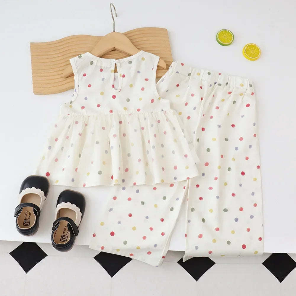 Sleeveless Polka Dot Top & Wide-Leg Pants Set