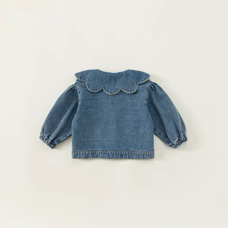 Korean Style Denim Coat With Ruffle Collar