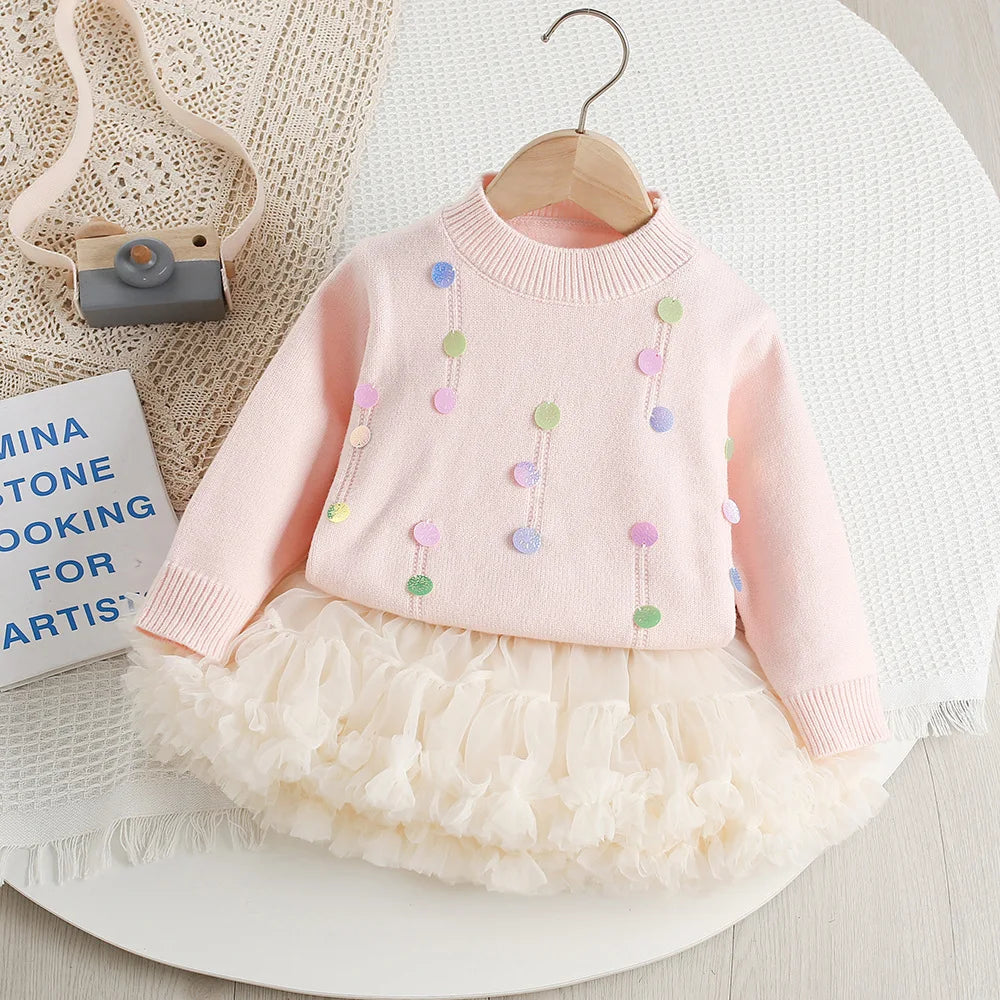 New Cute Colorful Sequins Knitwear & Tutu Skirt Set