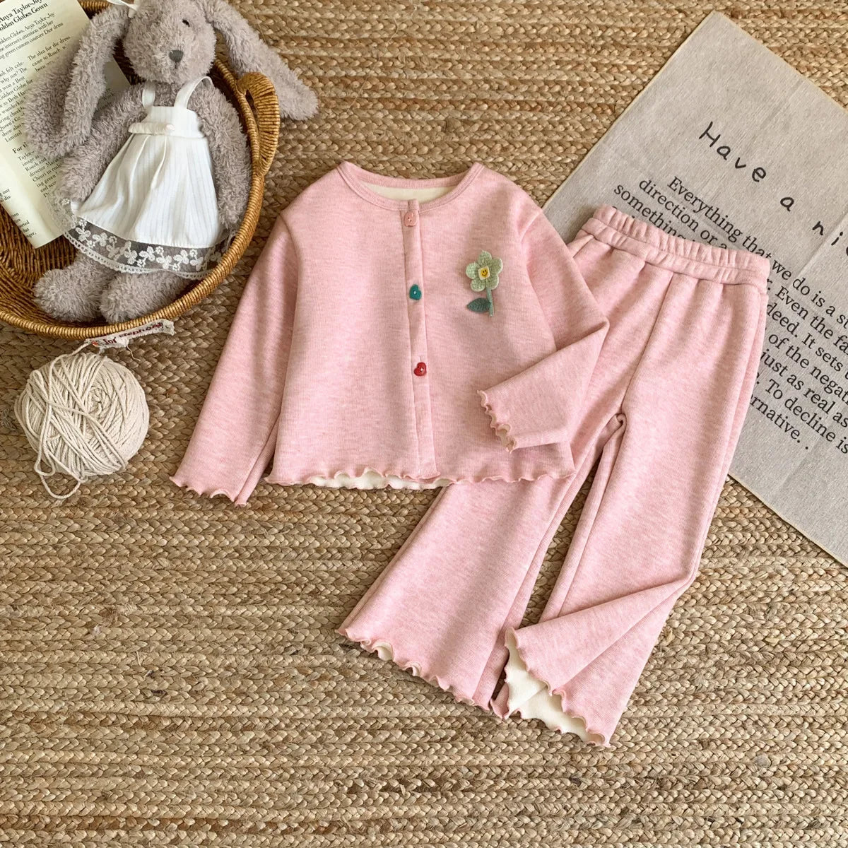 Plush Girls' Long Sleeved Top & Ruffle Pants Two Piece Set