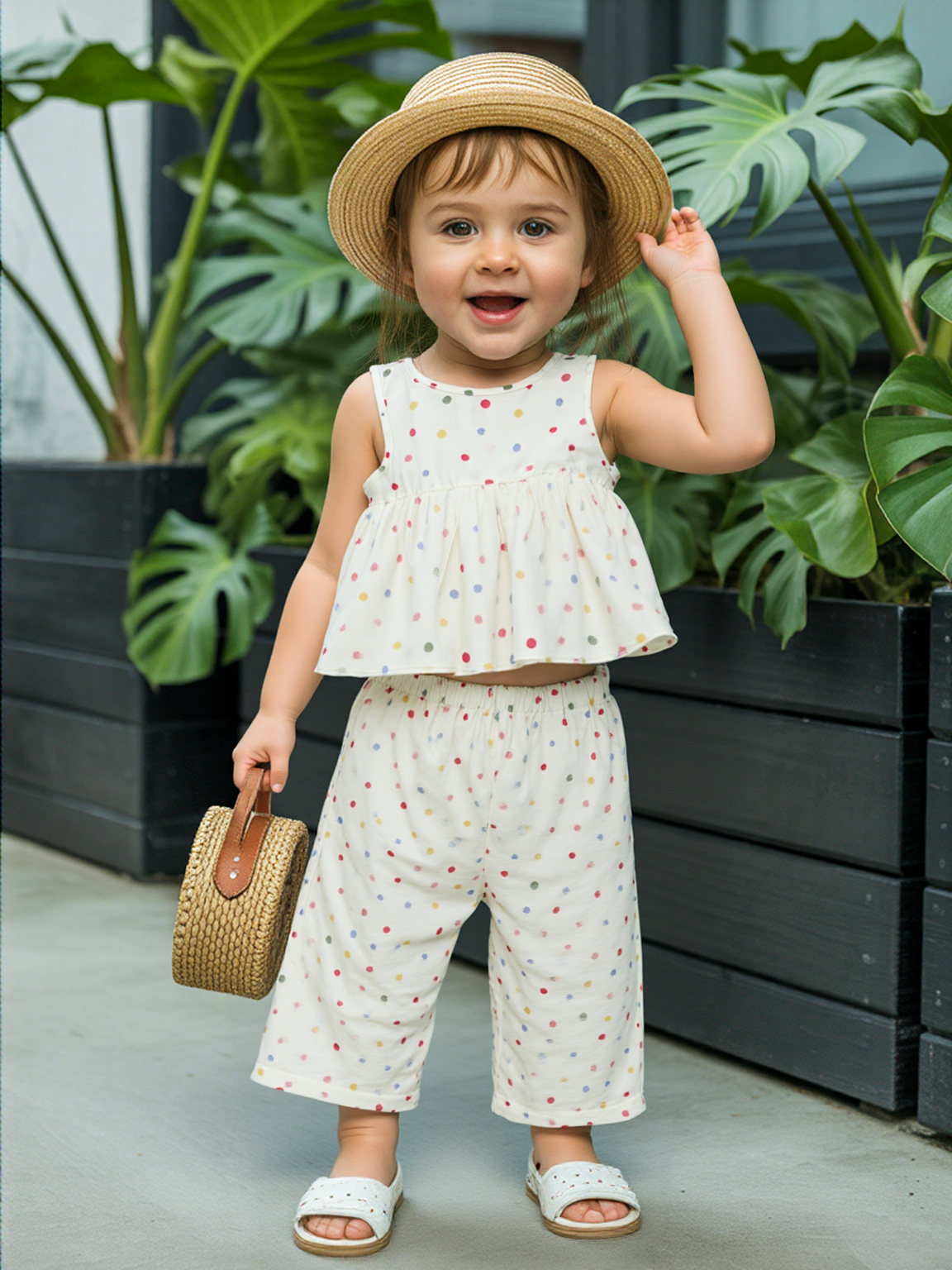 Sleeveless Polka Dot Top & Wide-Leg Pants Set