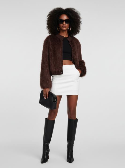 Brown Stand-Up Collar Jacket For Women, Gramercy, BYMANYC New York.-0