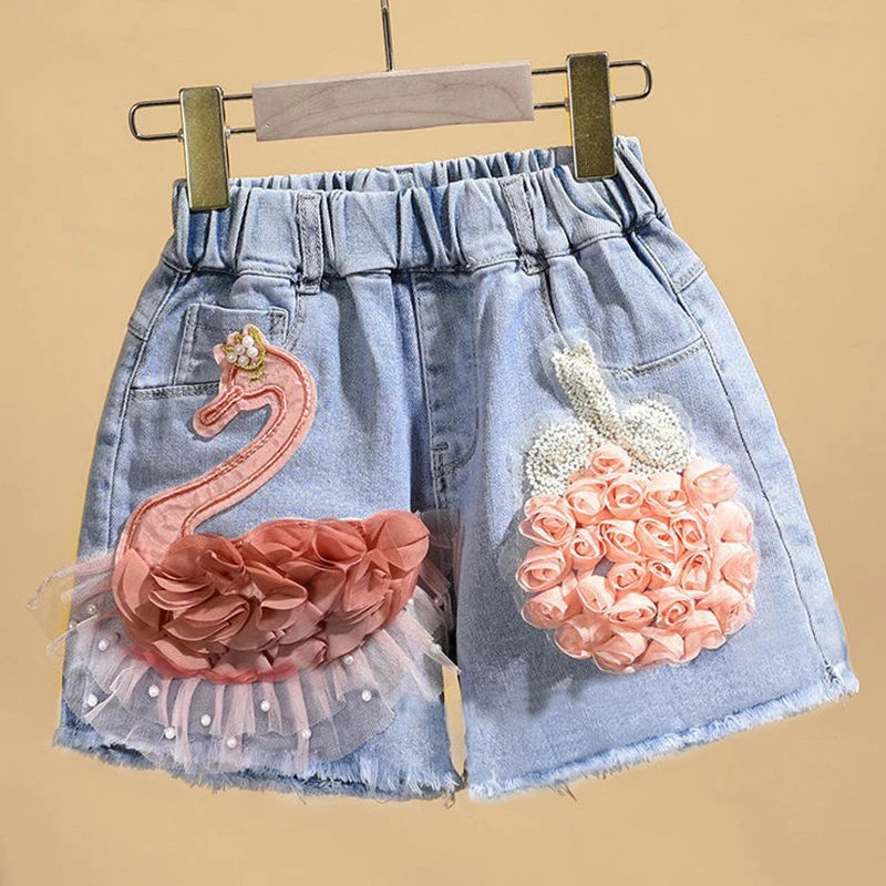 Girl's Denim Cute Swan Shorts