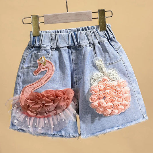 Girl's Denim Cute Swan Shorts