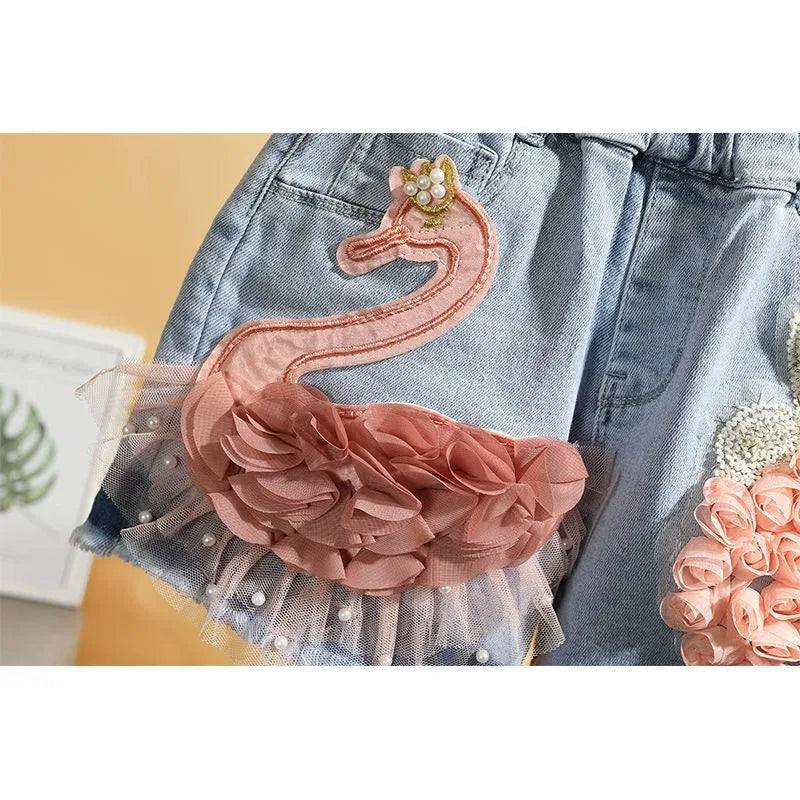 Girl's Denim Cute Swan Shorts