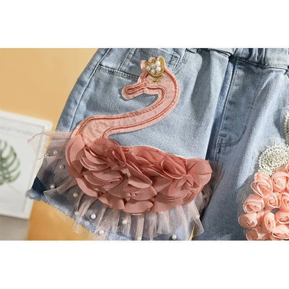 Girl's Denim Cute Swan Shorts