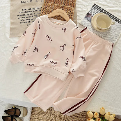 Beige Bow Top & Striped Pants Two-piece Set