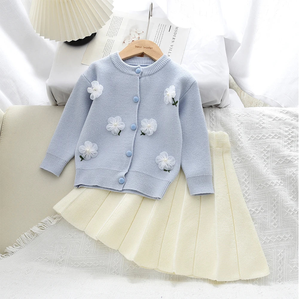 Sweet Blue Flower Knitted Cardigan Top & Beige Skirt Two-piece Set
