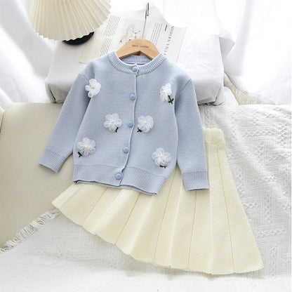 Sweet Blue Flower Knitted Cardigan Top & Beige Skirt Two-piece Set
