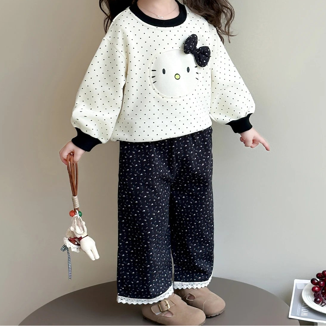 Polka Dot Sweatshirt and Lace Wide Leg Pants 2Pcs Set