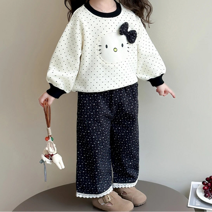 Polka Dot Sweatshirt and Lace Wide Leg Pants 2Pcs Set