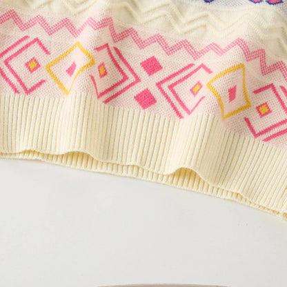 Jacquard Knitted Grid Wave Sweater And Rose Red Pleated Skirt Set