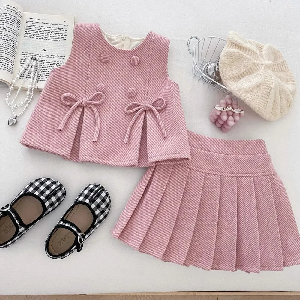 Pink and Blue Bow Vest & Pleated Skirt Two Piece Set