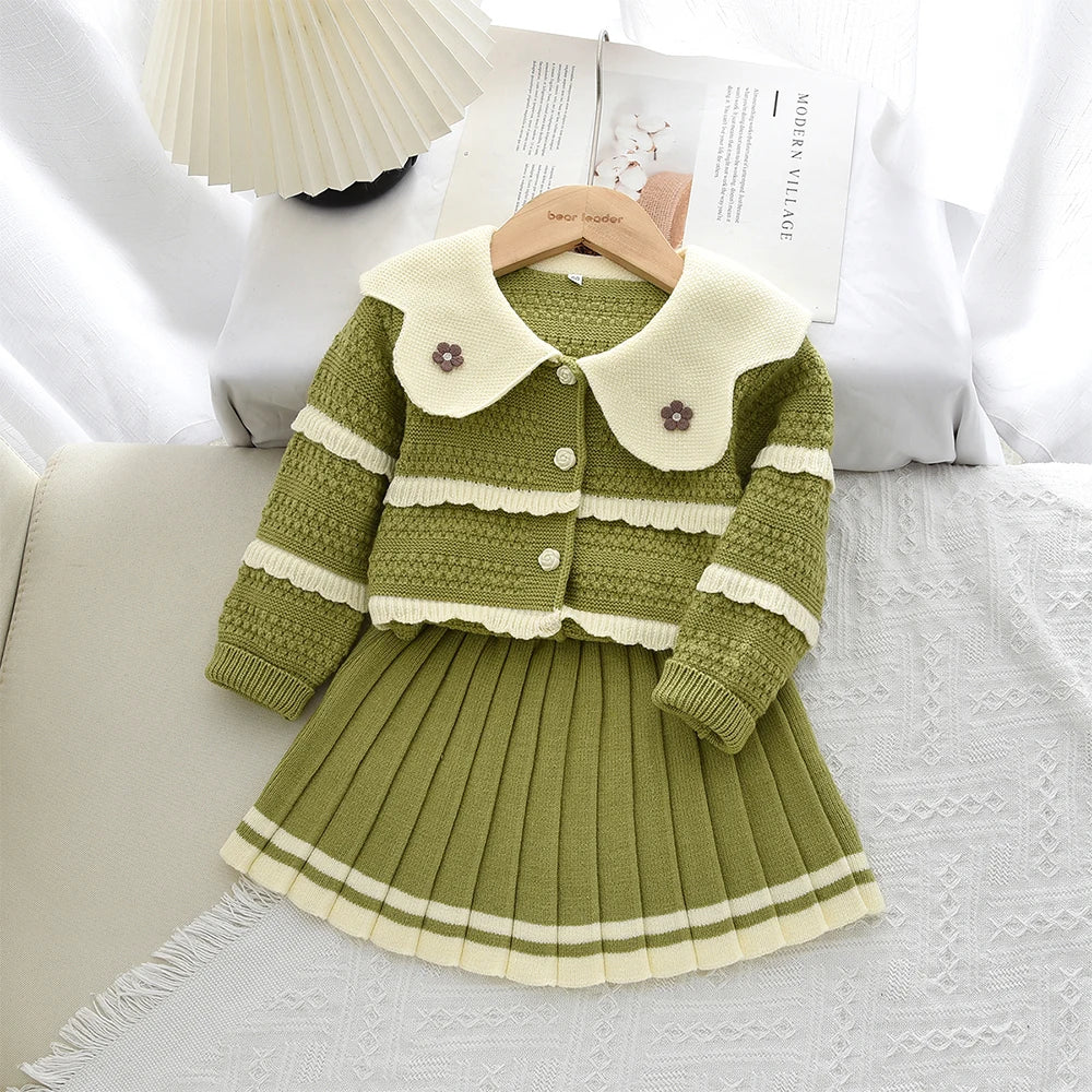 Doll Collar Cardigan & Pleated Skirt Two-piece Set