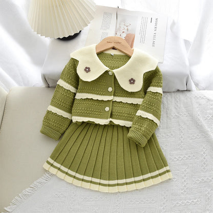 Doll Collar Cardigan & Pleated Skirt Two-piece Set