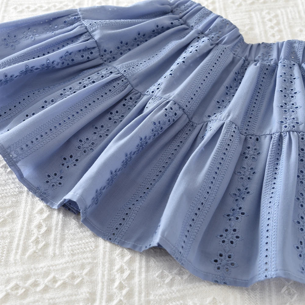 Flower Embroidery Doll Collar Shirt Top & Skirt Set