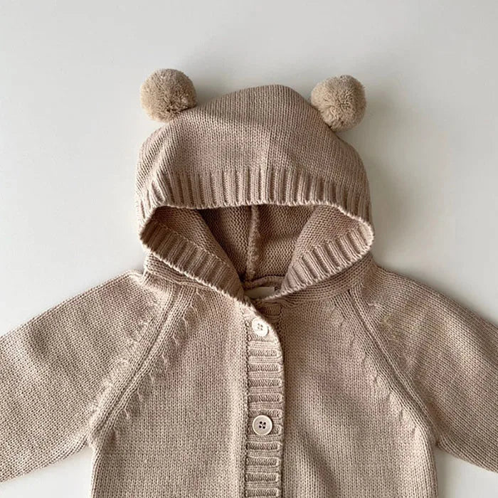 Knitted Solid Color Hooded Baby Romper