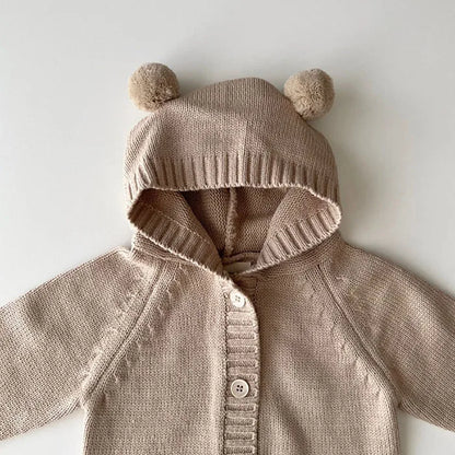Knitted Solid Color Hooded Baby Romper
