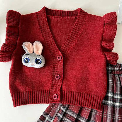 Knitted Vest With Turn-Down Collar & Plaid Skirt - 3pc Set Outfit