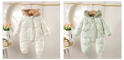 Winter Baby Thickened Jumpsuit Fur Lining Hooded Warm Fleece Quilted Outwear
