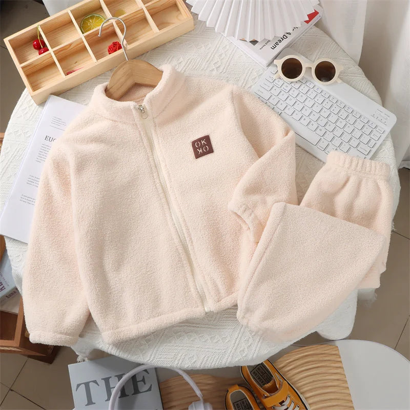 Warm Freece Plush Thickened Cardigan Top & Pants Set