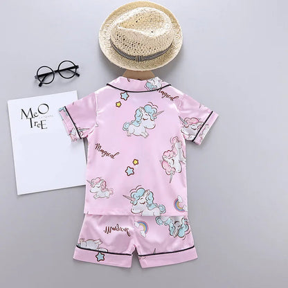 Pink Satin Unicorn Girls Pyjamas Set