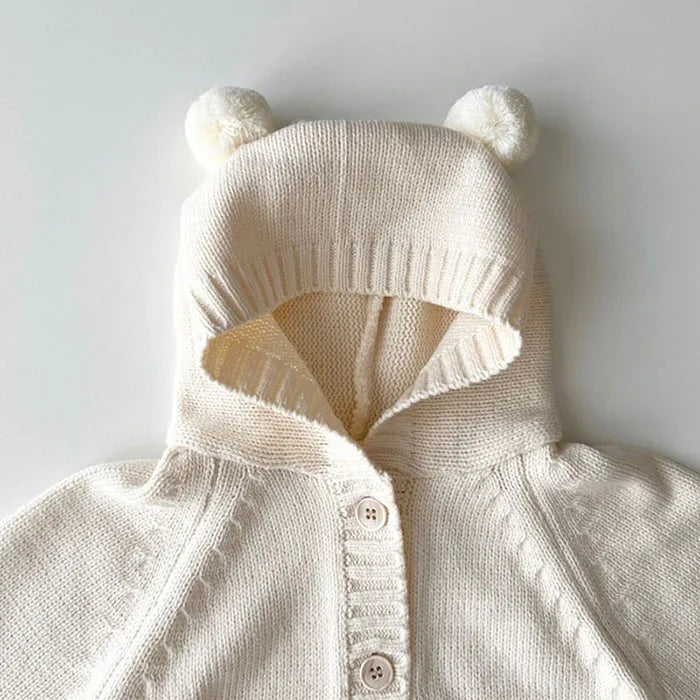 Knitted Solid Color Hooded Baby Romper