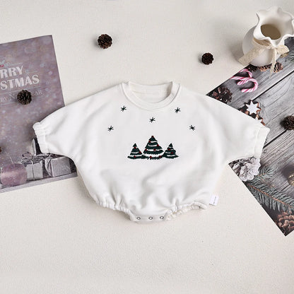 Christmas Fur Lining Bodysuit Christmas Tree Embroidery With Hat