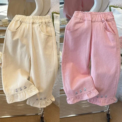 Elegant Embroidered Flower Jeans for Girls