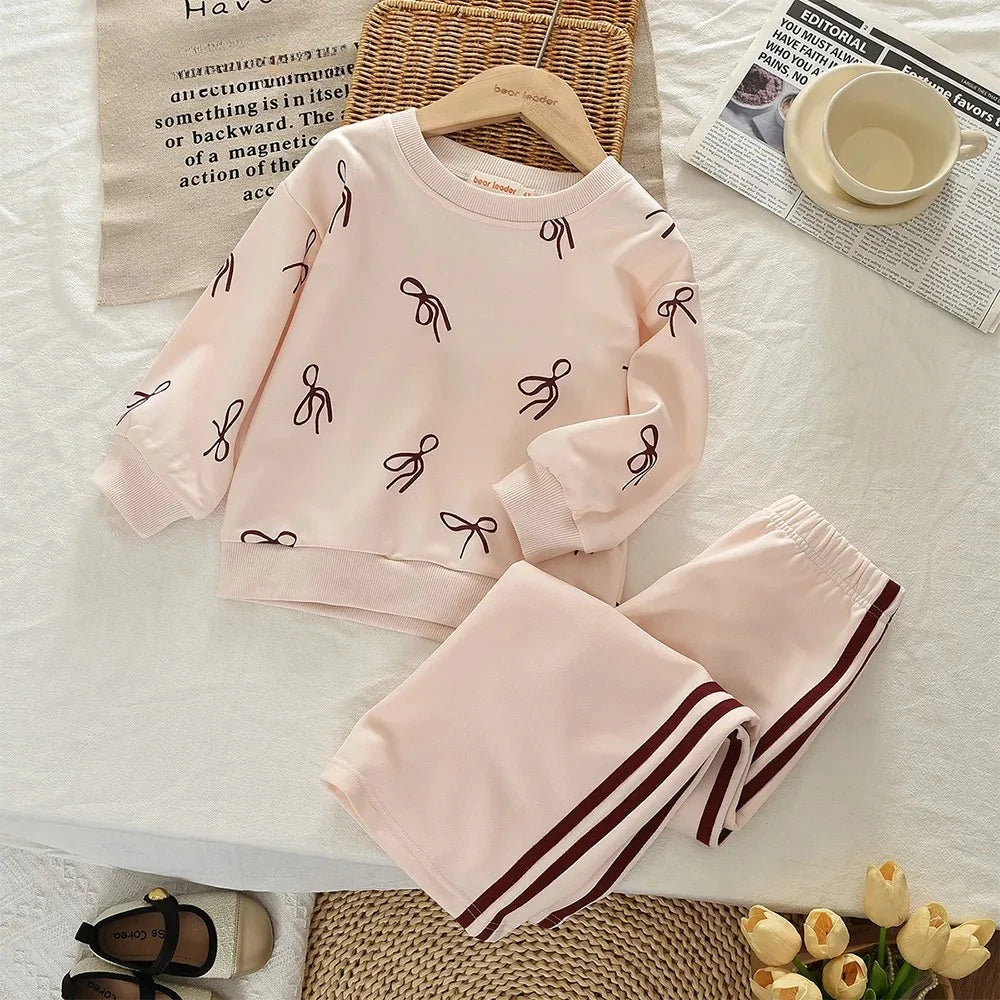 Beige Bow Top & Striped Pants Two-piece Set