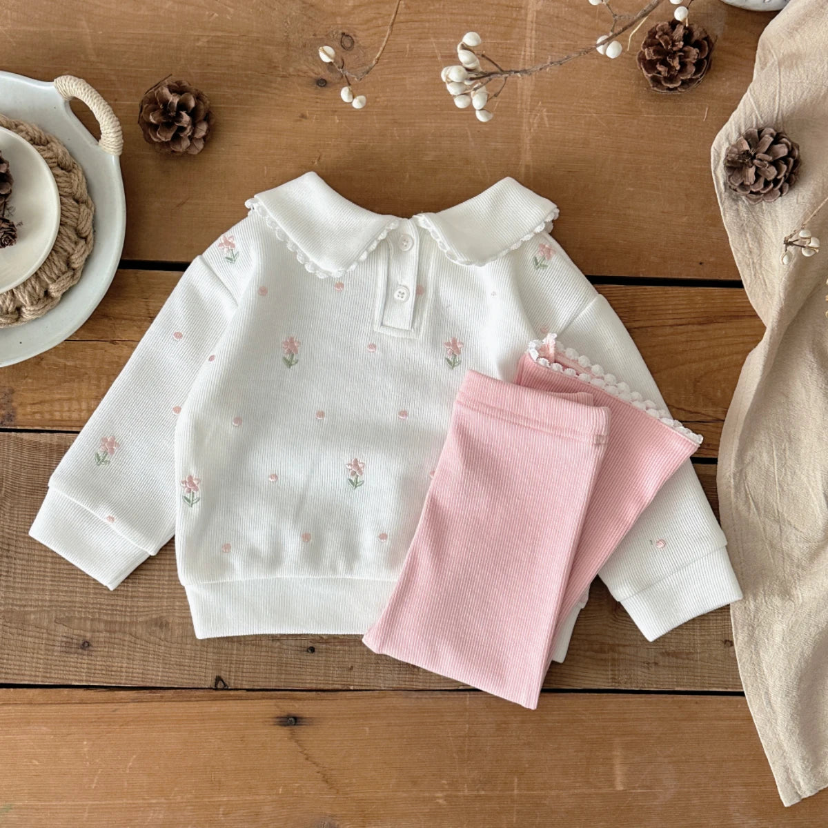 New Girls Floral Embroidered Top & Bottom Baby Set