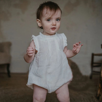 Vintage Ruffle Lace Baby Romper – Cotton Linen Bodysuit